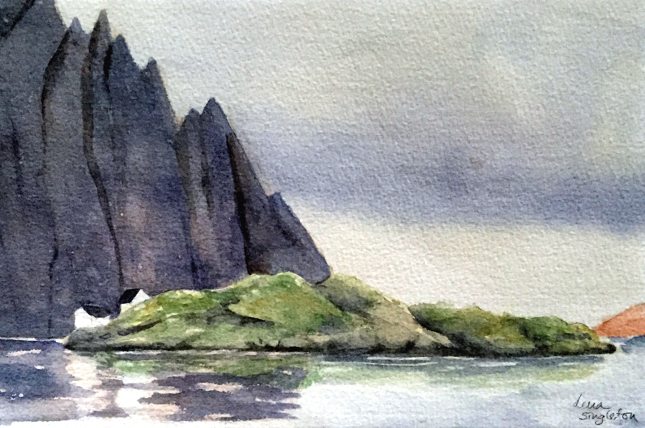 Lofoten blå berg med ö. Akvarell 27x46cm.