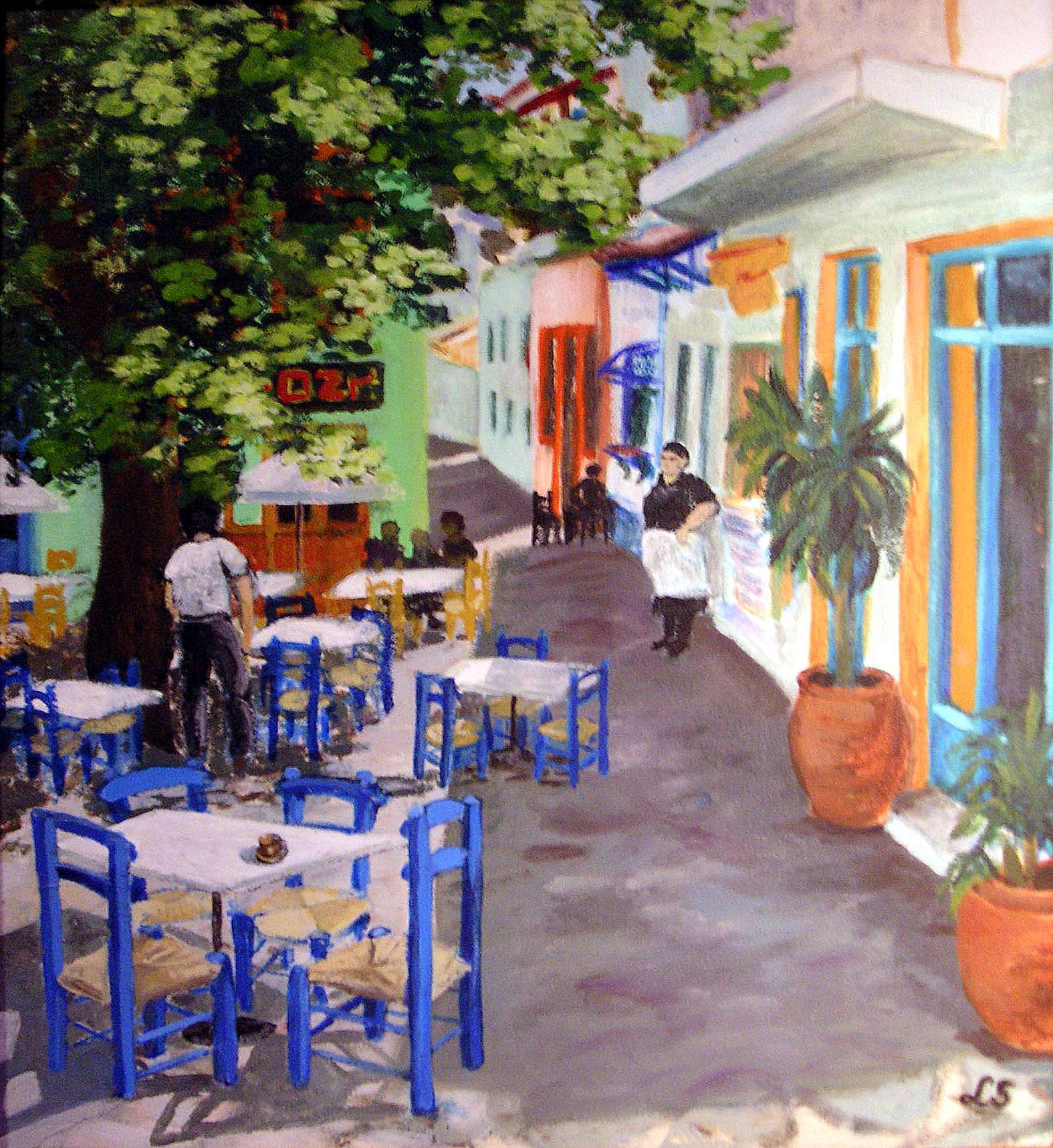 Torget på Andros, Grekland. Akryl 45x48 cm.