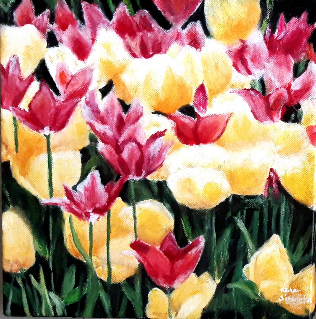 Blandade tulpaner. Olja 30x30 cm.