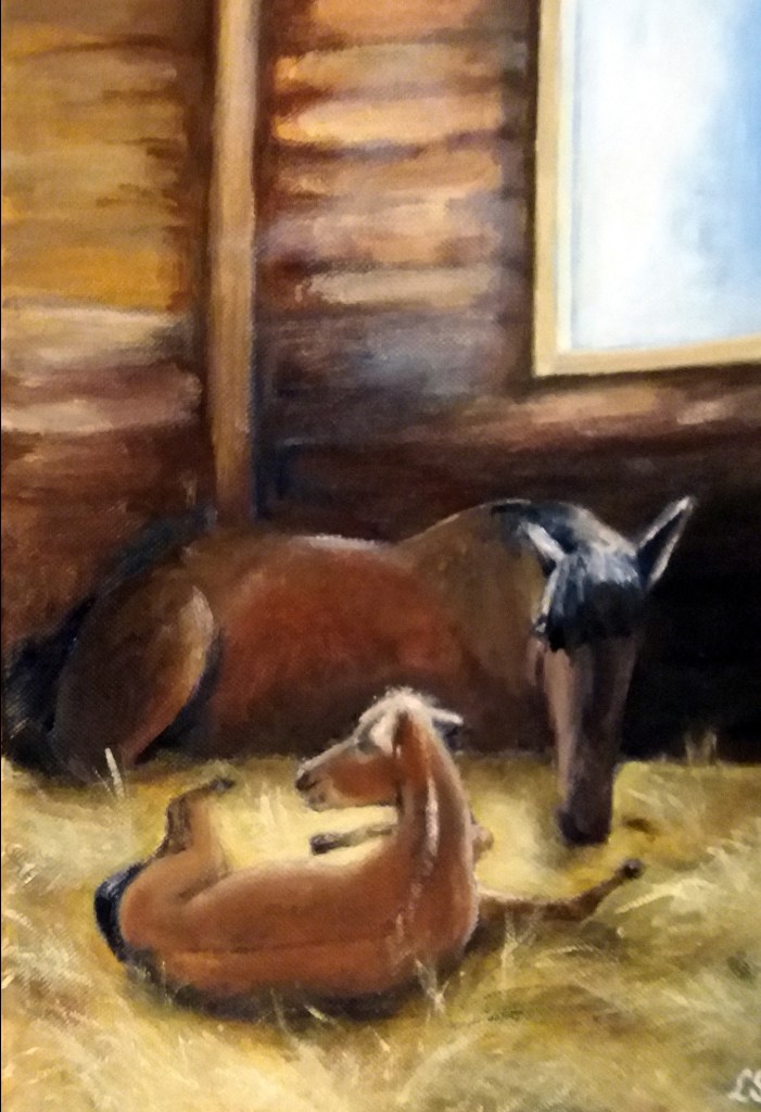 Hästen med fölet. Olja 29x38 cm.. I privat ägo.