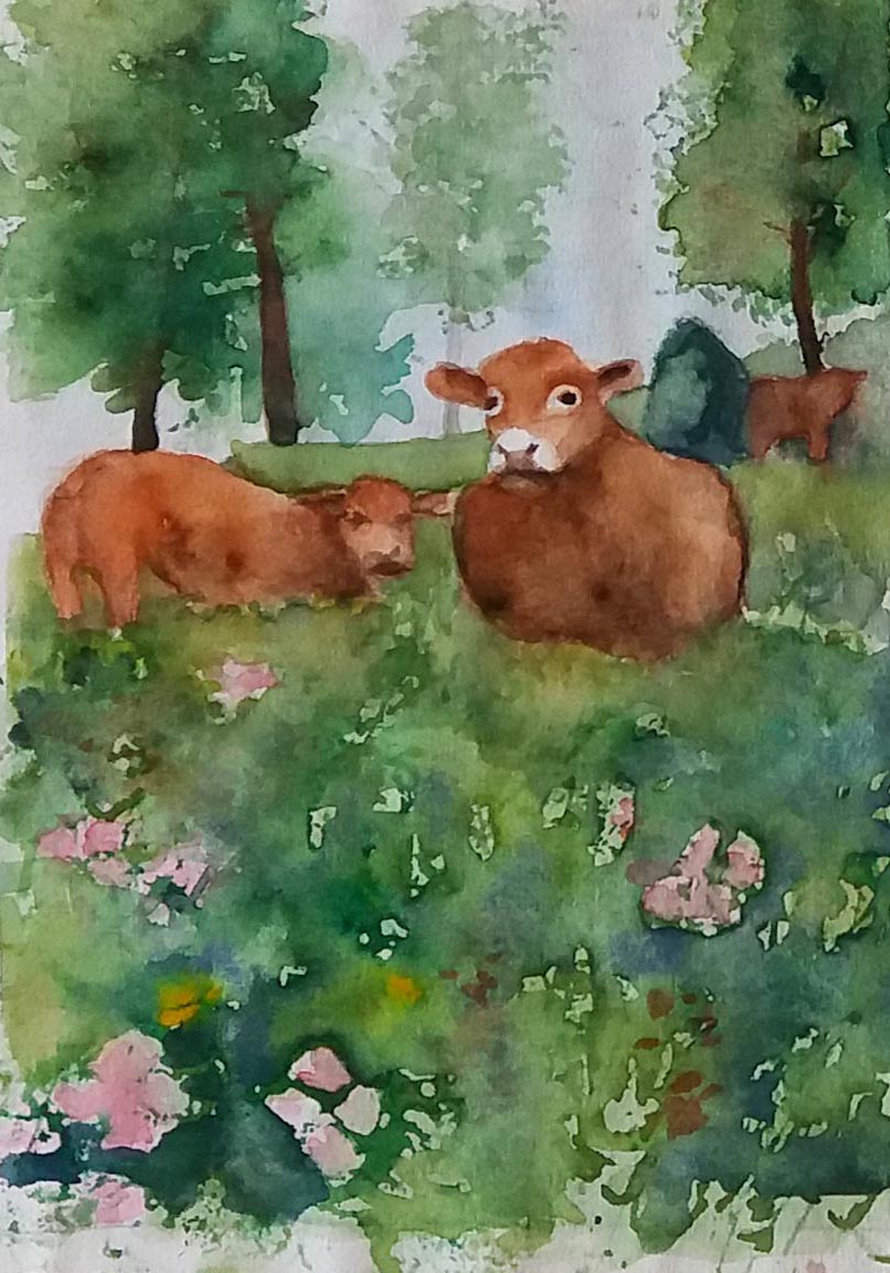 Mamma Mu i hagen. Akvarell 14x19 cm. I privat ägo.