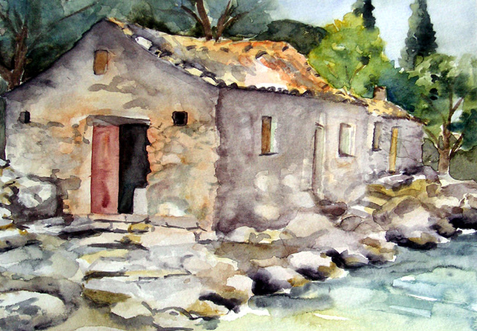 Fiskestuga Kefalonia. Akvarell 25x35 cm. I privat ägo.