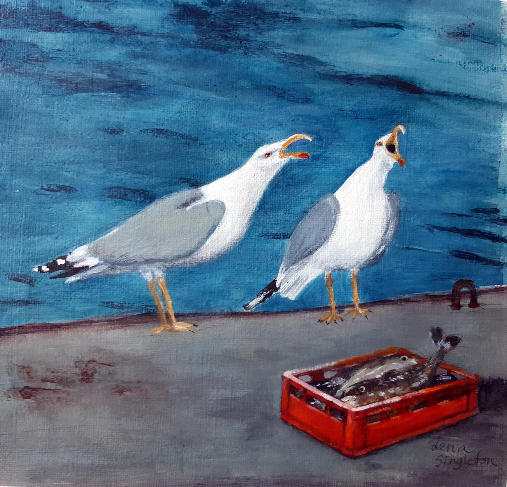 Måsar på kajkanten. Akryl 22x27 cm.