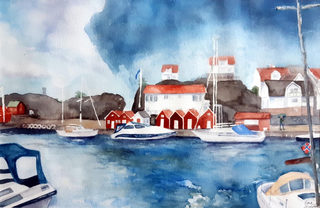 Oväder på Åstol. Akvarell 32x48 cm.