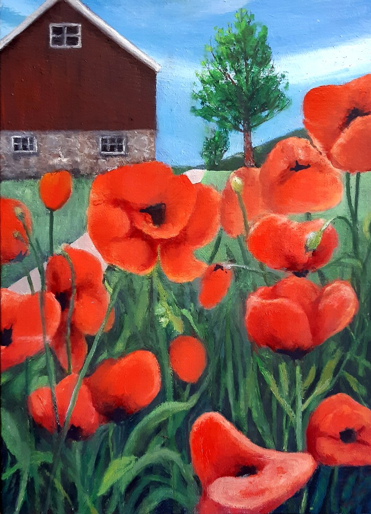 Vallmo med hus. Olja 33x42 cm.